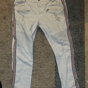 White Distressed Jeans with Striped Sides